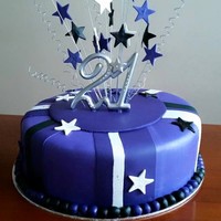 21St Birthday Cake Chocolate mud cake with chocolate ganache decorated with purple fondant and stripes. 21st topper and starburst.
