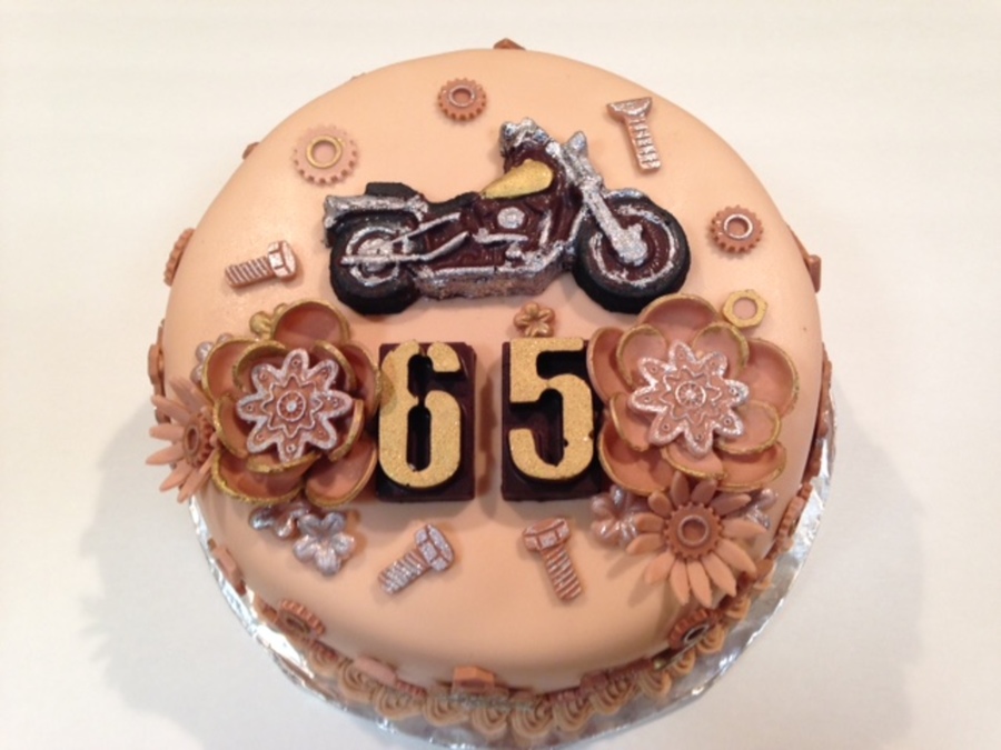 Nuts Bolts & Screws Motorcycle Cake W Steampunk Flowers