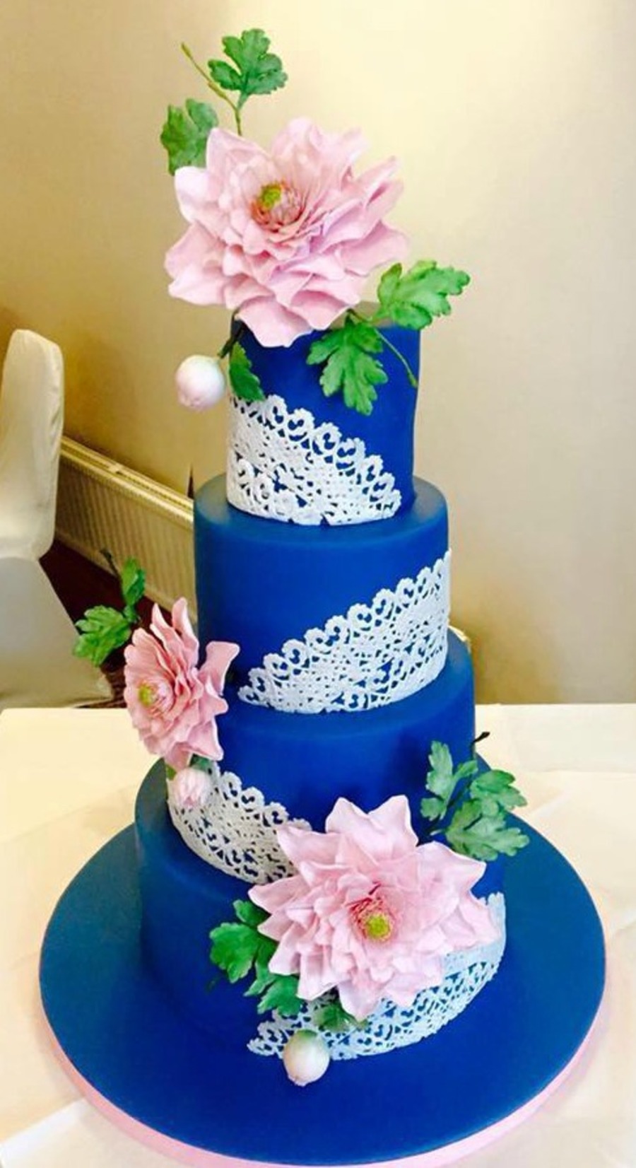 Vintage Blue, Dahlias And Doilies Wedding Cake
