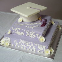 Stencil Graduation Cap Cake Buttercream on buttercream stencil. Cap is a molded Rice Krispie treat bottom and a large rolled sugar cookie as the top, both covered in...