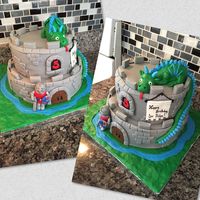 Castle Cake With Dragon And Knight Fondant-covered castle cake for a medieval birthday party...yellow cake with vanilla buttercream filling