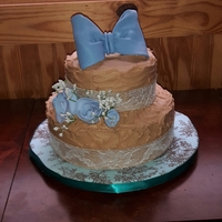 Burlap And Blue Cake Vanilla/almond cake tinted baby blue for a baby shower. Vanilla buttercream colored to match the burlap theme of the shower. Also has...