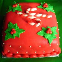 Candy Cane Topper Moist chocolate cake batter, iced with BC, covered and decorated with MF.