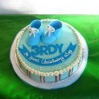 Christening Cake Moist chocolate cake, iced with BC, decorated with MF.