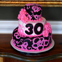 30Th Birthday Cake Pink, Black and White birthday cake. Brushed embroidery and gum paste roses.