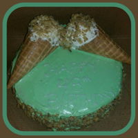 48Th Birthday Pistachio cake with ice cream cones filed with 1 cupcake each for my sister birthday.