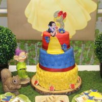 Snow White Birthday 3 Tier Snow white birthday cake, with yellow roses, blue pillow, and red top tier.