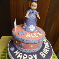 Sofia The First chocolate cake covered with buttercream and decorated with fondant, doll is decorated with fondant