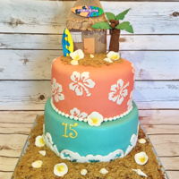 Surf Shack Birthday Cake Two tier cake featuring gum paste palm tree, surf shack, surf boards