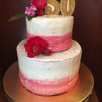 50Th Raspberry Ombr&eacute; Almond cake with raspberry vanilla frosting and raspberry filling.
