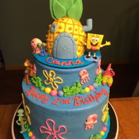 Spongebob Most of this cake is buttercream, but the pineapple house has some fondant decorations. The figures are toys.