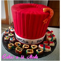 Chef's Hat And Sushi Cake Hibatchi themed birthday cake. Hat was all cake covered in fondant, sushi was made from RCT and candy, shrimp was sculpted out of modeling...
