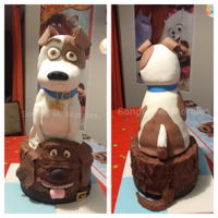 Secret Life Of Pets Cake Chocolate cake with chocolate ganache and fondant. 3D carved cake with rice crispy head. Duke: Torta de chocolate con ganache de chocolate...