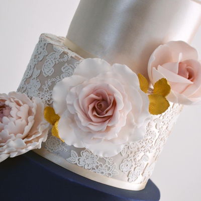 Modern Blue And Gold Lace Wedding Cake