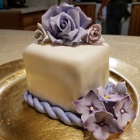 Sample Bridal Shower Cake Vanilla pound cake with a vanilla buttercream. Covered in white fondant a rope fondant border with sugar roses and hydrangea flowers