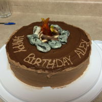 Camp Fire Cake Chocolate cake peanut butter filling. Chocolate butter cream icing. Rocks are colored marshmallows, logs are chocolate covered finger...