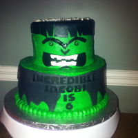 Hulk Cake choc cake / vanilla frosting, fondant decorations, used sugar decals for letters