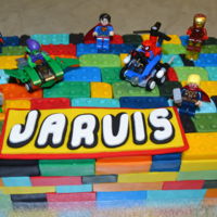 Superhero Lego Cake Marble Cake with Lego Fondant and Plastic Lego Superheroes
