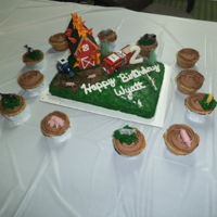 Farm Barn Fire Cake buttercream frostingroyal icing letters, number, & flamespurchased animals, tractor, & fire truckbarn: graham crackers, sugar...