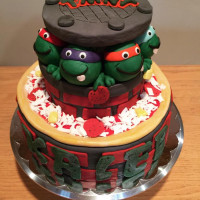 Tmnt Cake Cookies and cream cake covered with fondant. The manhole covered was Rice Krispie Treats covered in fondant. All the other pieces were...