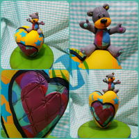 Valentine's Day Patchwork Cake Standing heart patchwork technique with modeled bear on top