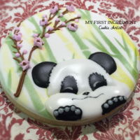 Happy Panda royal icing sugar cookie. Air brushed bamboo back ground
