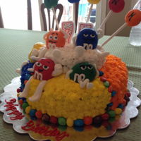 M&m Cake 75th birthday cake for my dad.M&M men made of fondant as are lettersBC frosting
