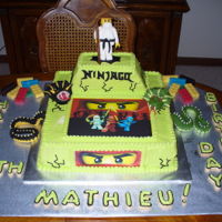 Ninjago Cake for a Ninjago fan. Buttercream icing with edible images. Dragons and character are fondant. Legos are molded chocolate.