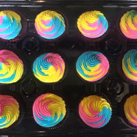 Troll Cupcakes White cake colored pink, yellow and turquoise. Chocolate cake. Colored BC icing.