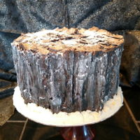 Tree Stump Cake A vanilla cake with vanilla buttercream. The bark is made from chocolate.