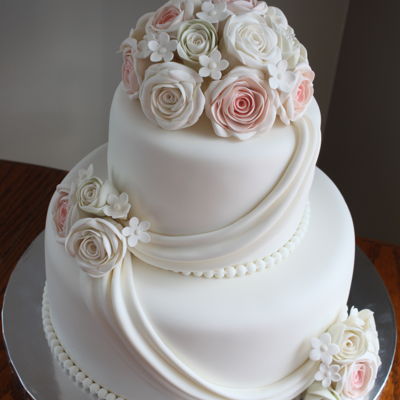 Blush Rose, Baby Green And Ivory Wedding Cake