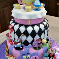 Alice In Wonderland Alice in Wonderland birthday cake. Teapot and cups are rice cereal treats and fondant, decorated with cake lace and fondant flowers. Story...