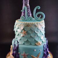 "sweet 16" Mermaid Cake All details, including scales and shells, starfish, etc. made from modeling chocolate. Tail on top is R/K treats covered with modeling...