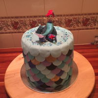 Mermaid A doll torso & head in a sculptured tail.she sits upon rocks that are simply foil draped in fondant. There are 4 gold mermaid tails and...