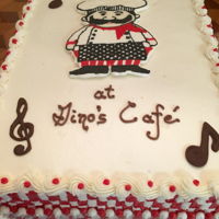 An Evening At Gino's Chocolate sheet cake with buttercream frosting. Decorated with Buttercream Frozen Transfer and chocolate musical notes. Made this for a...