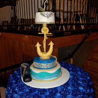 Navy Retirement Bottom tier represents waves, around and around. The next tier is trimmed in gold trim. The anchor is made of rice cereal treats, and is...
