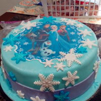 Frozen Cake Anna, Elsa and the crew. Colored vanilla cake, teal and purple with a strawberry filling. Covered in fondant & edible sheet.