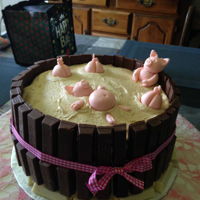 Little Piggy Cake 3 layer chocolate cake mud pool created with Peanut Butter Frosting fenced in with Kit Kat bar fingers. The little piggies were made of...
