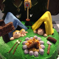 Newfie Camper 3 layer chocolate cake frosted with vanilla buttercream. The characters and props were made of fondant (tents were krispie treat bases...