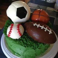 Sports Fan Cake 3 layer chocolate cake with buttercream frosting - fondant covered sports balls