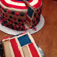 Captain America Used White cake and food coloring, for inside, covered with butter cream, shield made from fondant.