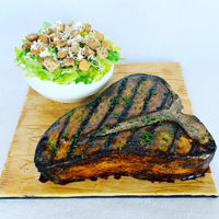 Steak And Salad I made this birthday cake for my husband and his brother. The lettuce is wafer paper with cookie croutons and I hand painted the steak.