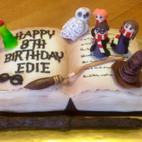 Edie Is A Harry Potter Fan! Harry Potter themed book cake. Fondant book painted with color dust. Figures and decorations in fondant and gumpaste. Lettering is done...