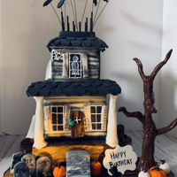 Haunted Mansion 3 tier square cakes made into the most delicious haunted house......all the decorations are fondant or royal icing, except for that tree!...